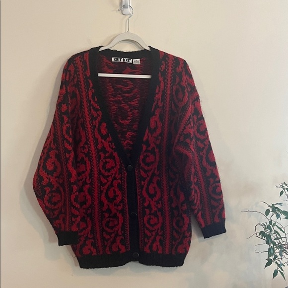 knit knit Sweaters - Vintage Knit Knit Cardigan Mohair Sweater Red Black 80s Demask Gothic Cozy Fuzzy